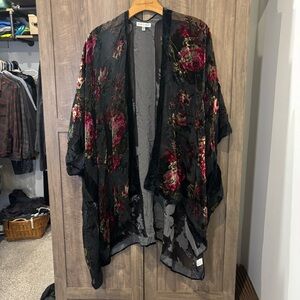 Woven Heart Black Red Velvet Burnout Kimono floral